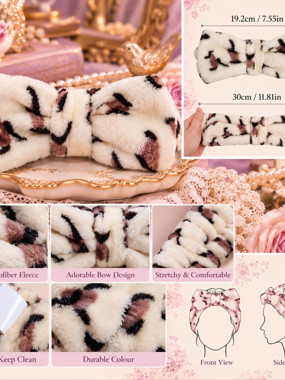 Plush Leopard Print Bow Spa Headband | Soft Stretch Hair Accessory